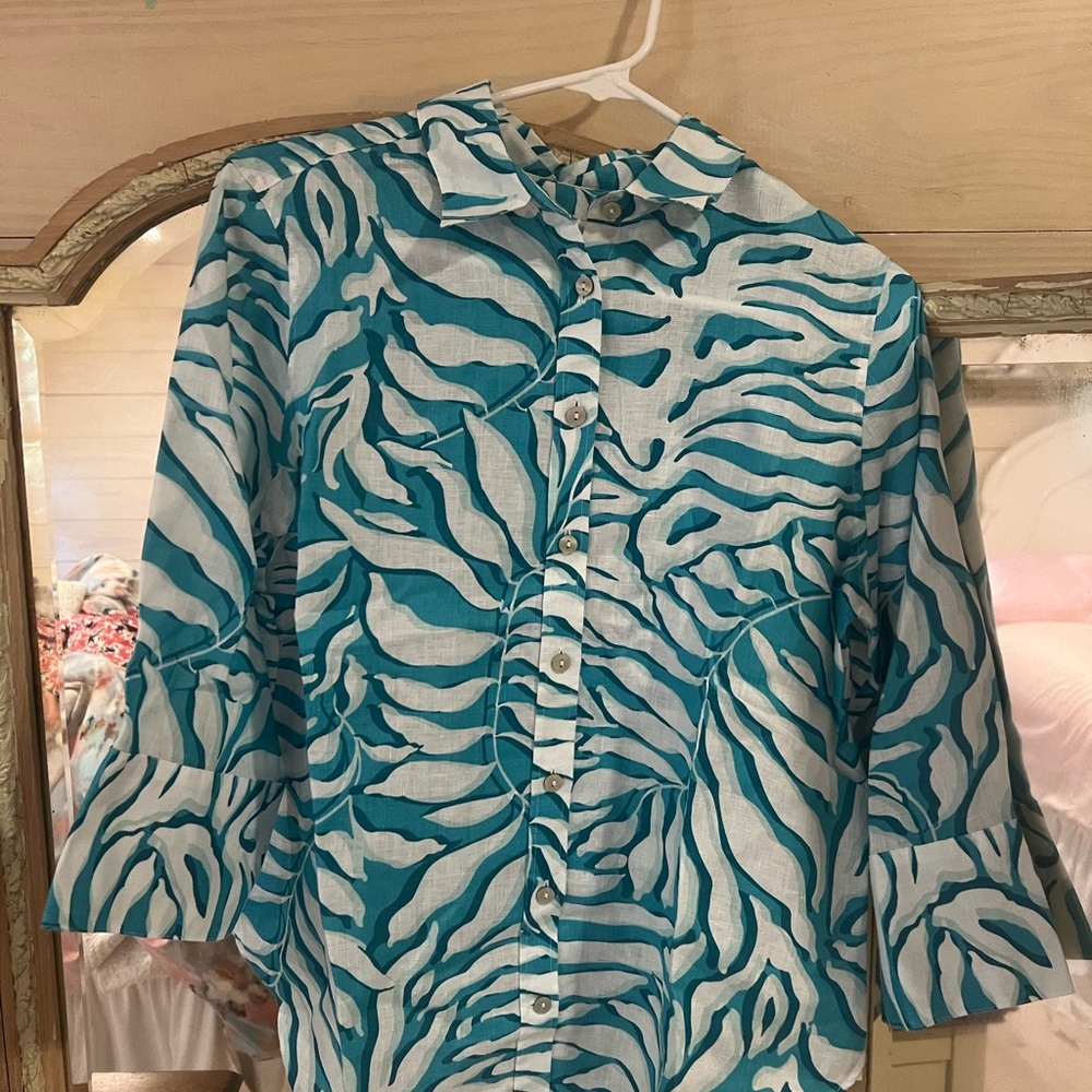 Chico's Turquoise and White Patterned Blouse
